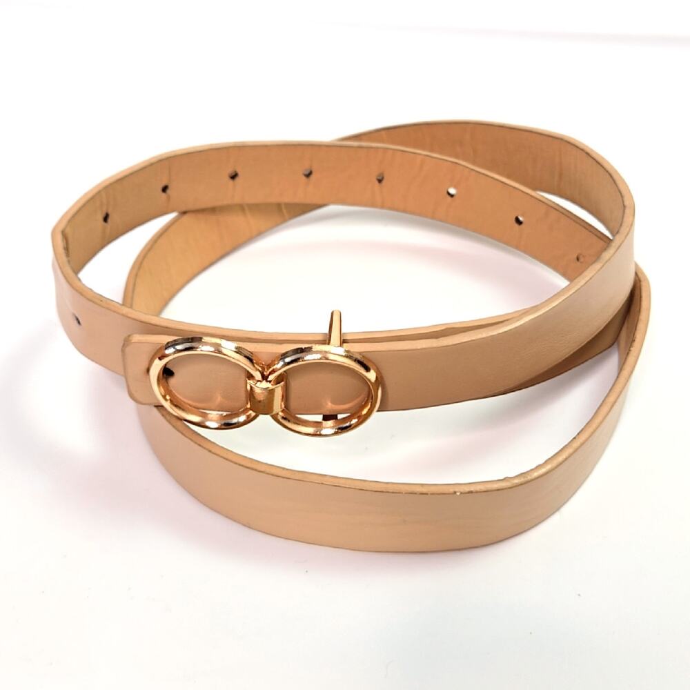 Beige Faux Leather Belt Gold Double Ring Buckle Adjustable 41" S-L